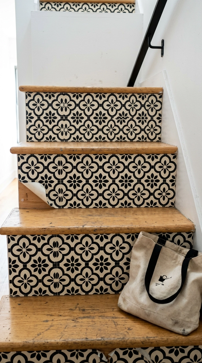 Peel-and-stick black patterned riser decals on a narrow rented apartment staircase