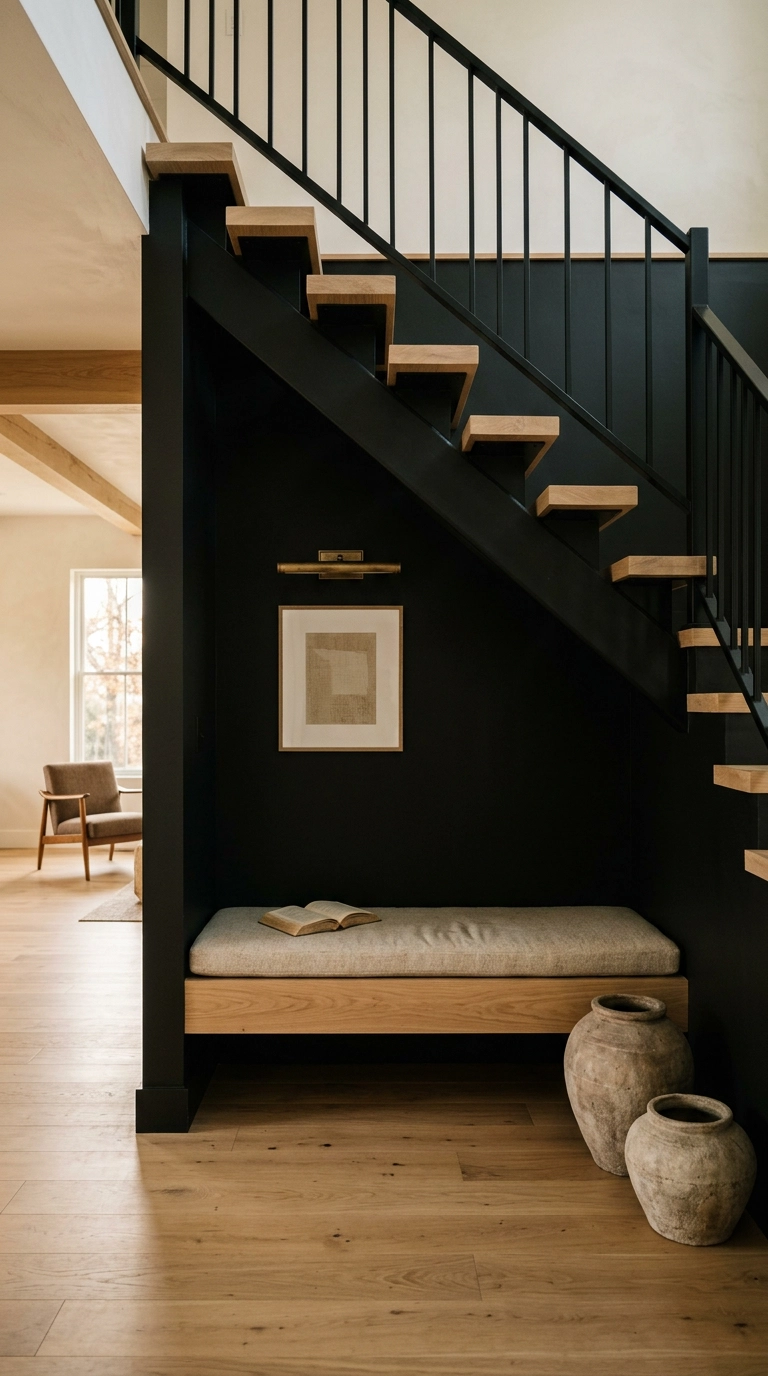 Understair bench nook painted black with an oak bench beneath a black staircase