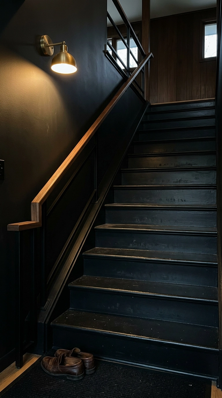 All-black staircase with black treads and a walnut handrail in a mid-century split-level entry