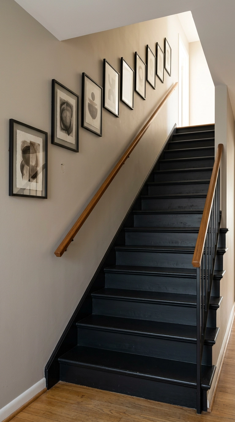 Diagonal gallery wall of black frames climbing the wall above a black staircase