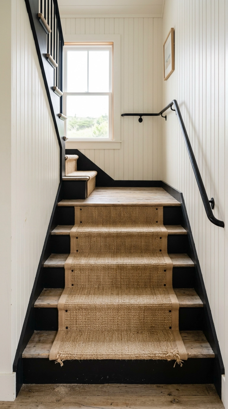 Black staircase with a natural sisal runner and weathered oak treads in a coastal cottage