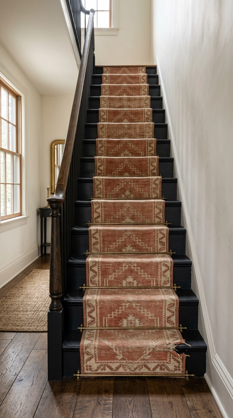 Black staircase with a terracotta and cream patterned wool stair runner and brass rods