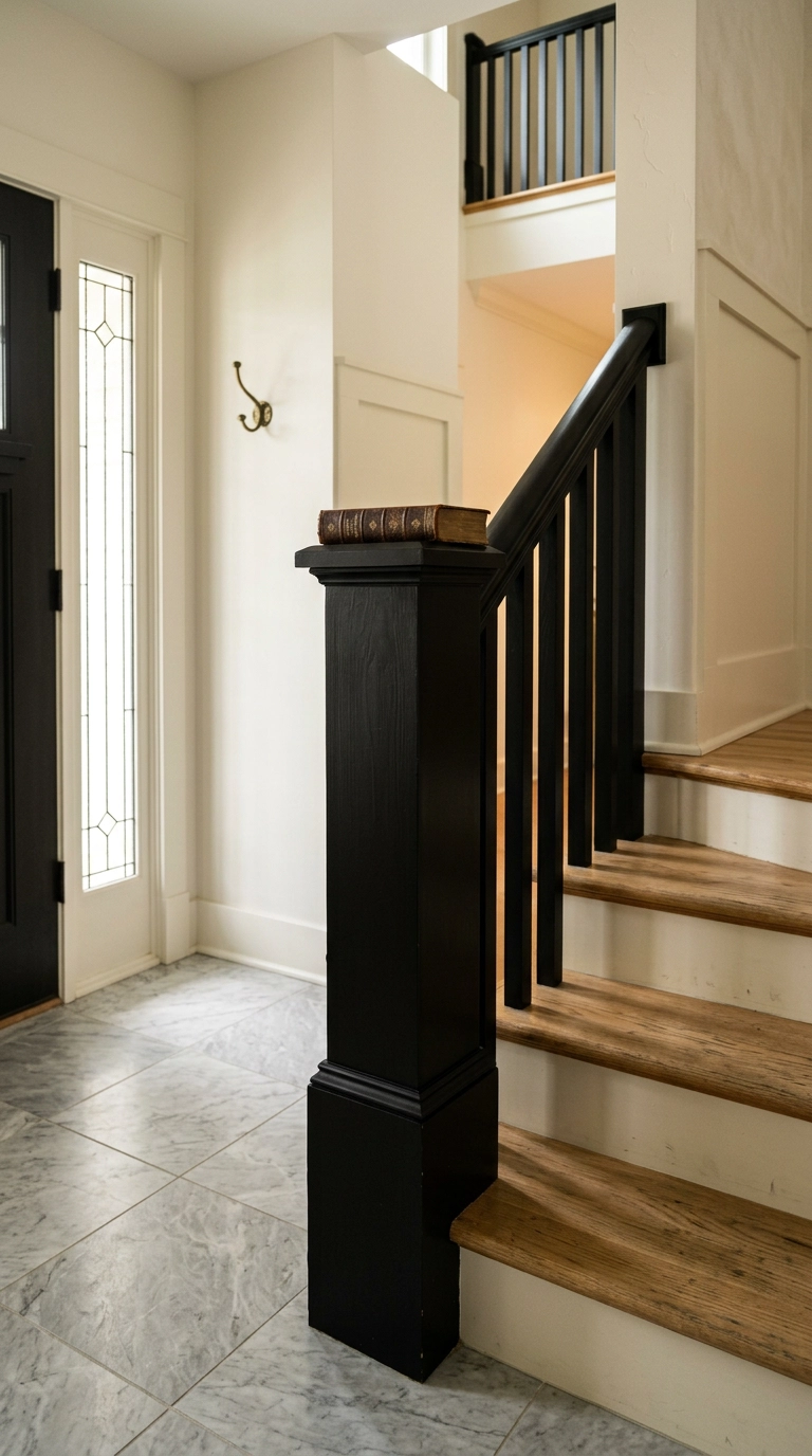 Black satin newel post anchoring the base of a staircase in a craftsman bungalow foyer