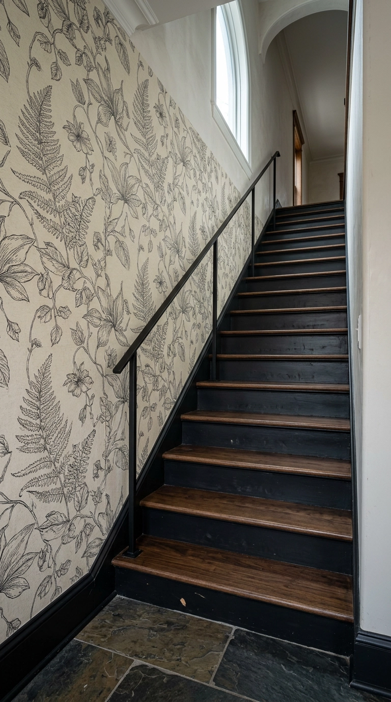 Charcoal botanical wallpaper on a stair wall behind a black staircase with walnut treads