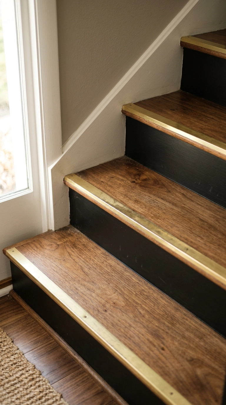 Brass nosing strips along the tread edges of a black staircase with walnut treads