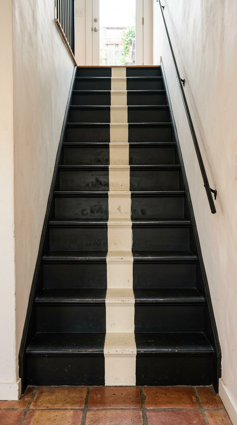 Black staircase with a painted cream stripe running up the center of the treads
