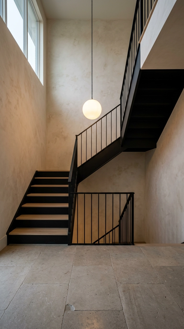 Single opal glass pendant on a long cord lighting a black staircase in a two-story foyer