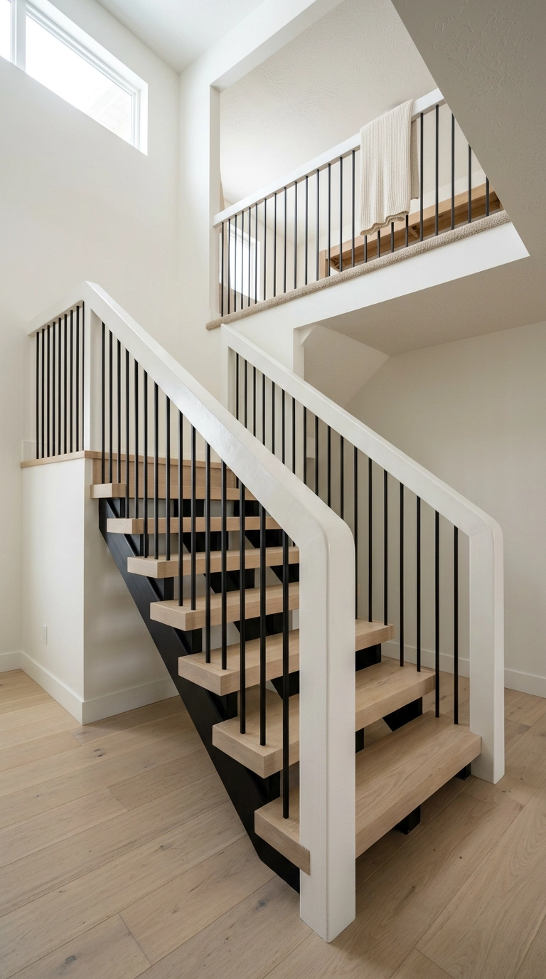Thin black balusters under an oversized white handrail on a stair to a loft