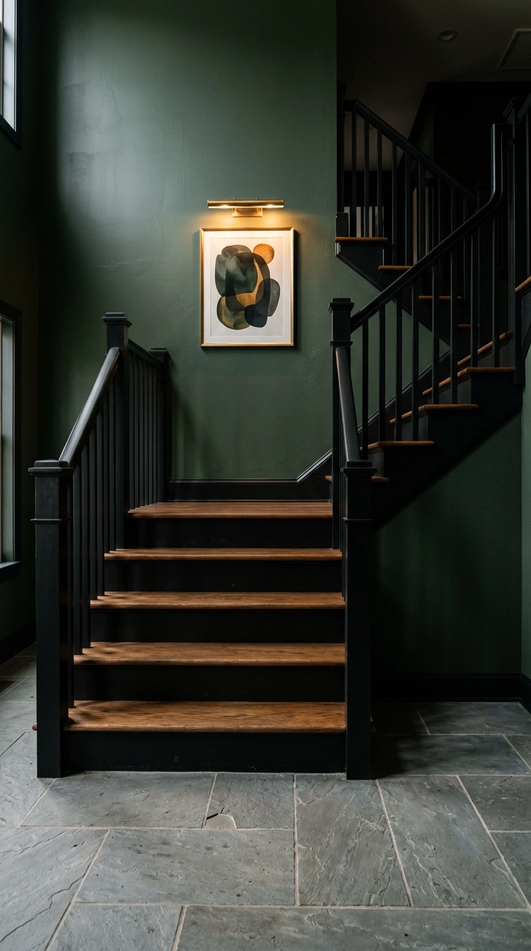 Black staircase with walnut treads against a deep forest green stair wall