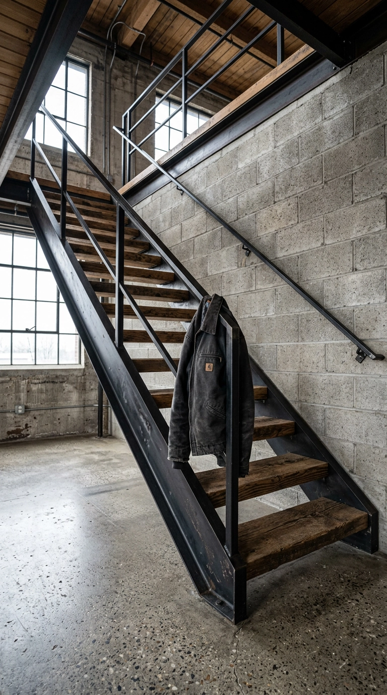 Blackened steel open-riser staircase with reclaimed fir treads in a factory loft
