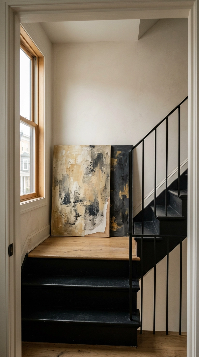 Two oversized abstract canvases leaning on a stair landing wall above black stairs