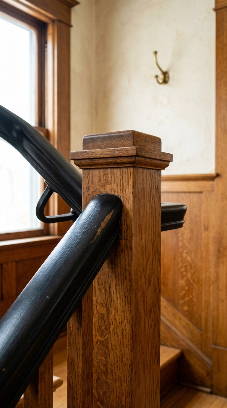 Close-up of a satin black painted handrail and newel post in a craftsman stair hall