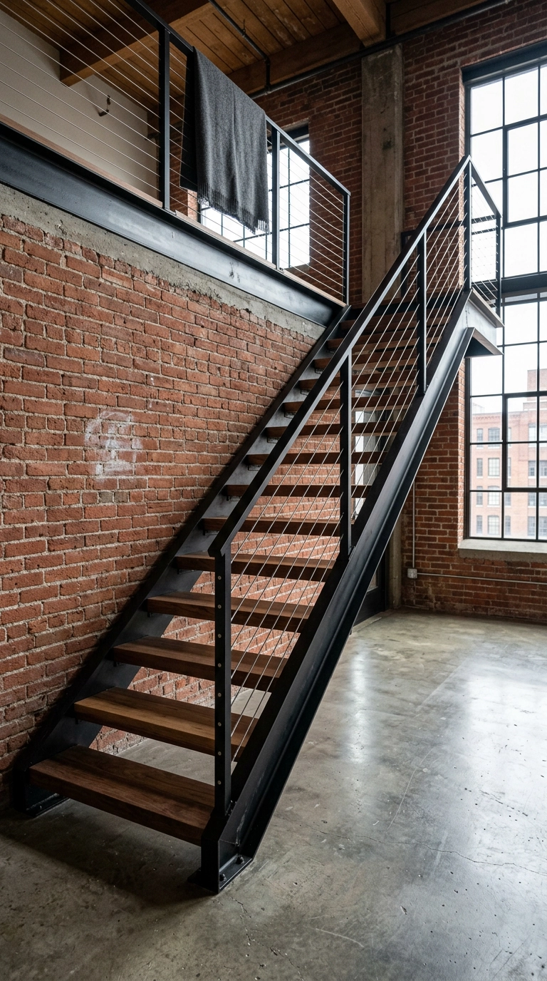 Black cable railing on an open-riser walnut and steel staircase in a brick loft condo