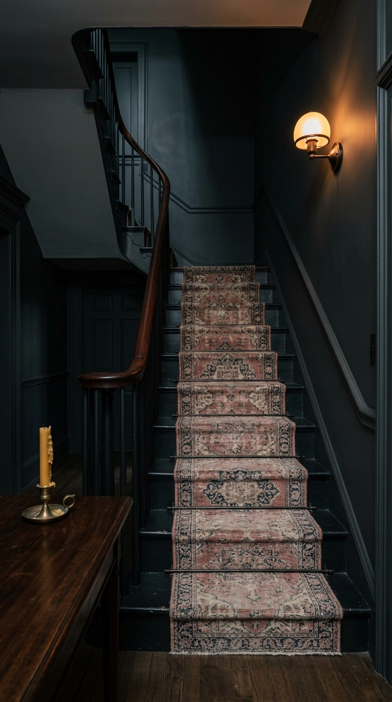 Black staircase against a charcoal color-drenched wall with an antique rose runner