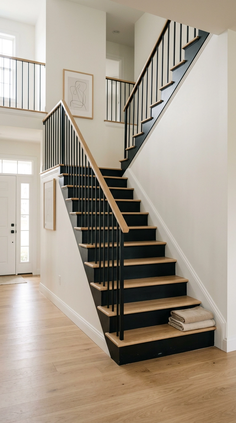 Black staircase with matte black risers and white oak treads in a bright two-story foyer