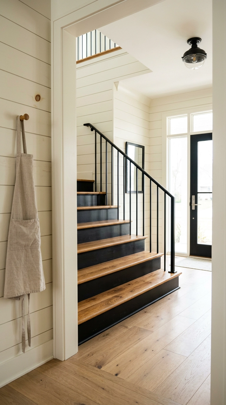 Black staircase with honey oak treads against a white shiplap wall in a farmhouse foyer
