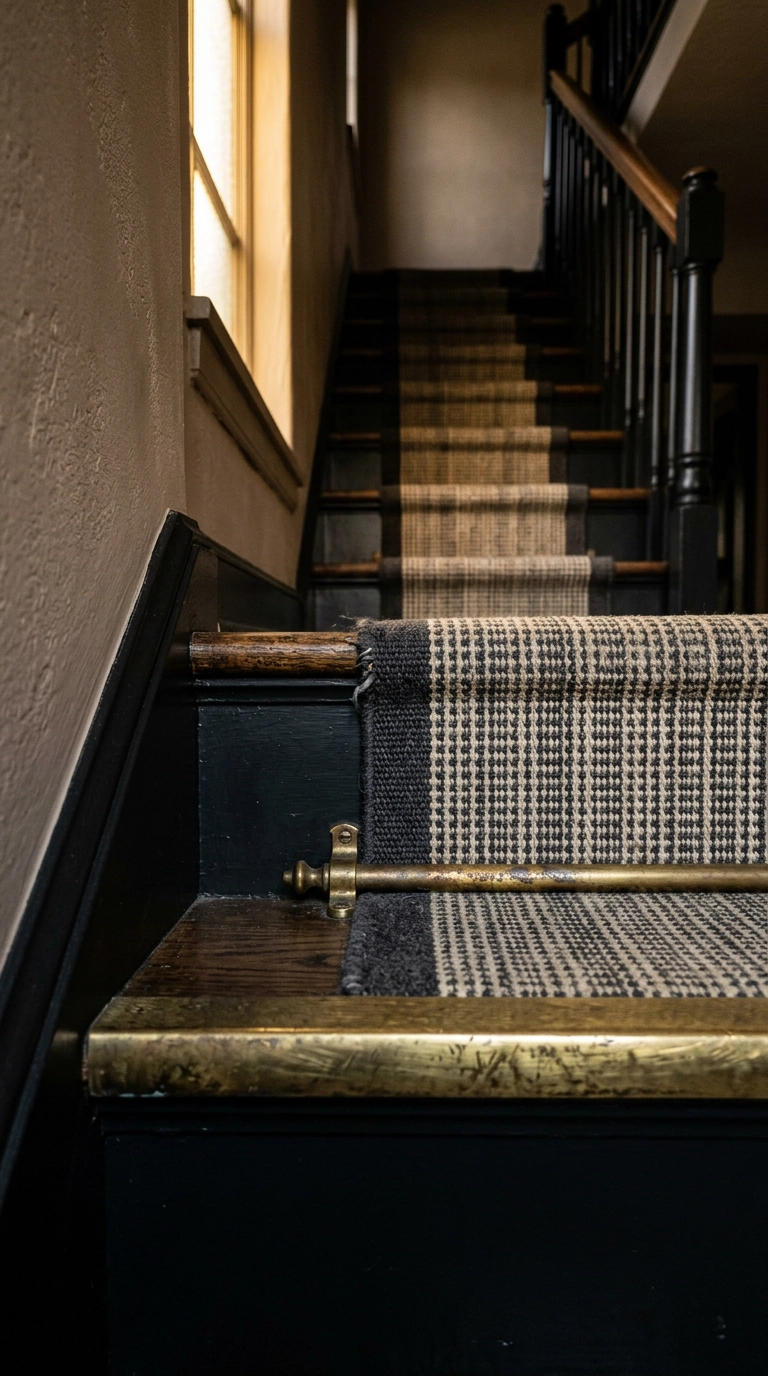 Black staircase detail with unlacquered brass stair rods and a cream wool runner