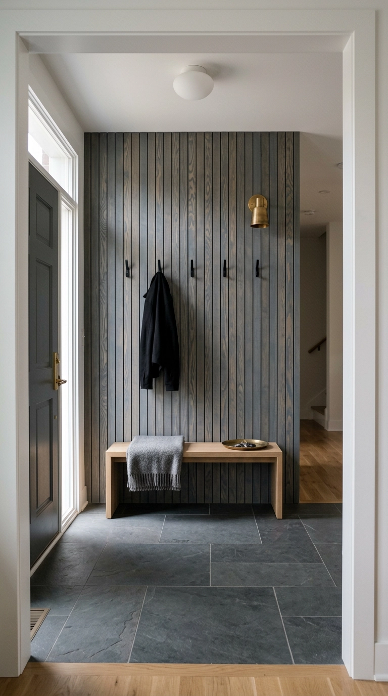 Smoky blue stained vertical slat wood accent wall in an entryway with oak bench