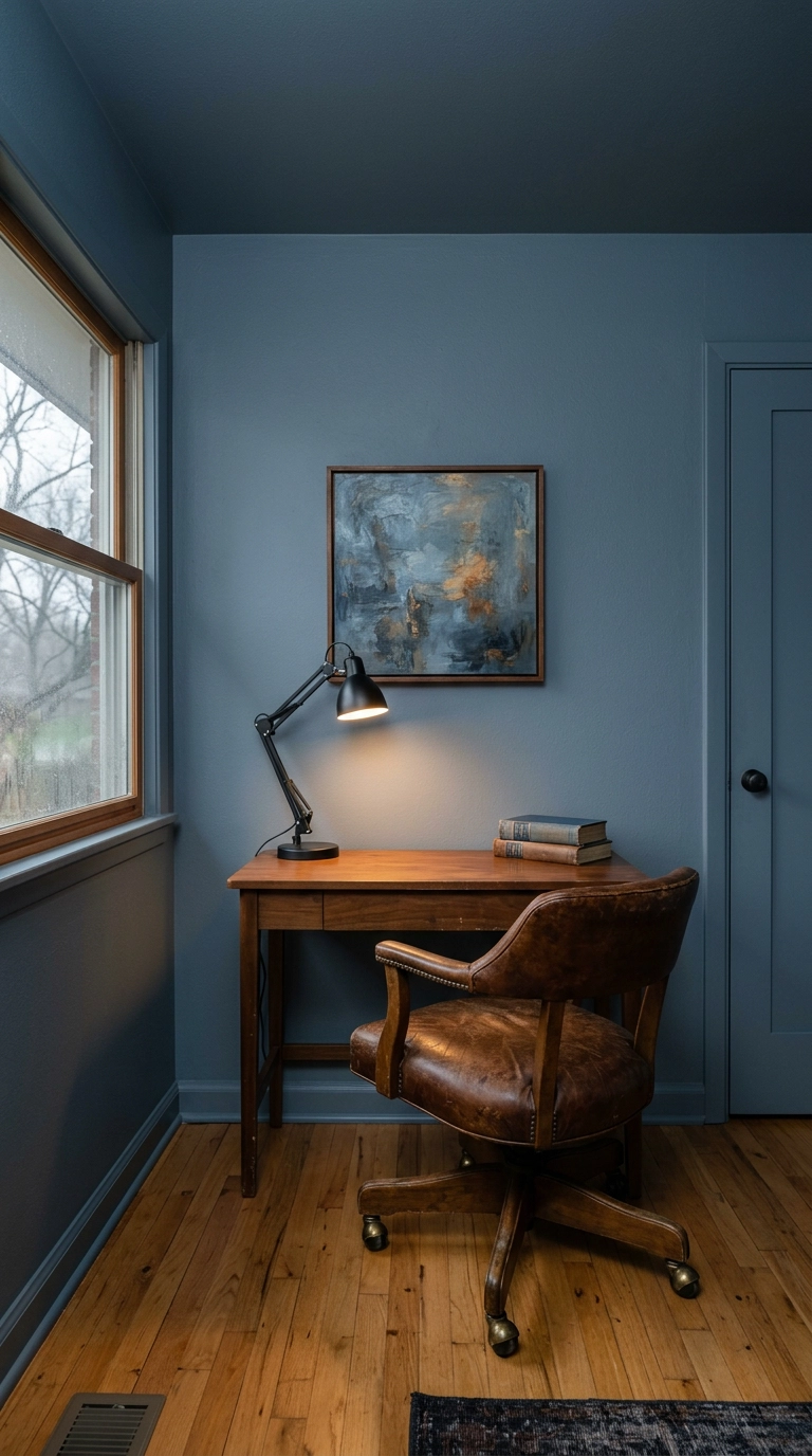 Slate blue color-drenched home office with walls trim and ceiling in one matte shade