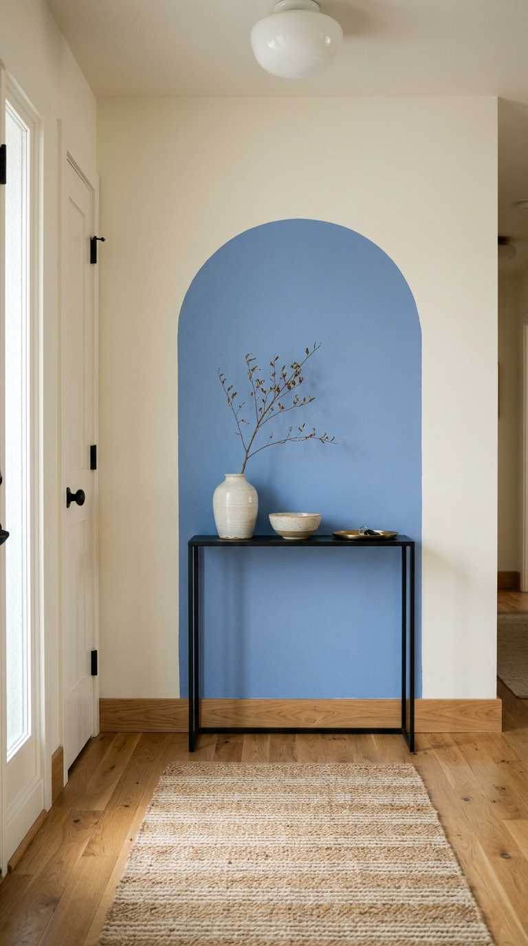 Cornflower blue painted arch on a white wall behind a black console table in an entry