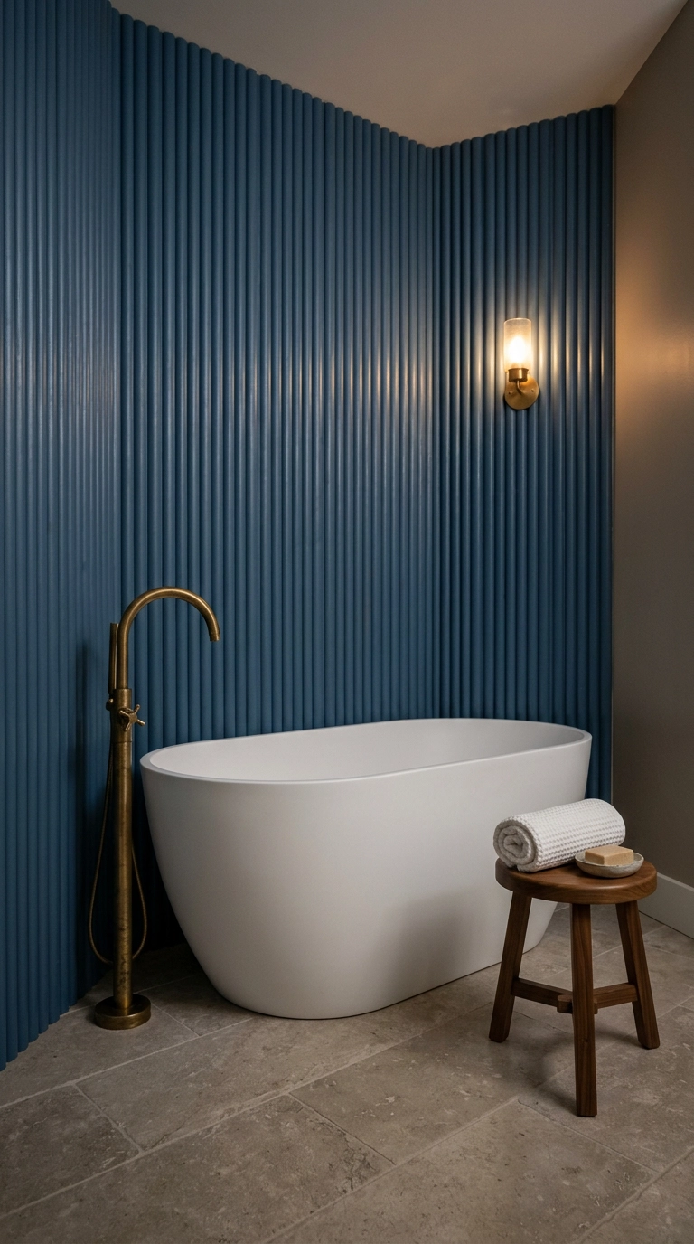 Denim blue fluted wood panel accent wall behind a white freestanding bathtub