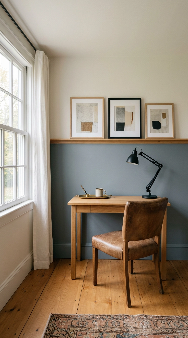 Storm grey-blue half wall with an oak picture rail holding leaning framed art