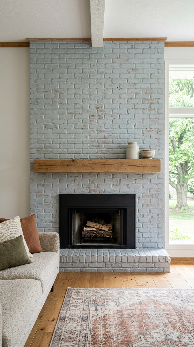 Blue-grey limewashed brick fireplace accent wall with an oak mantel in a family room