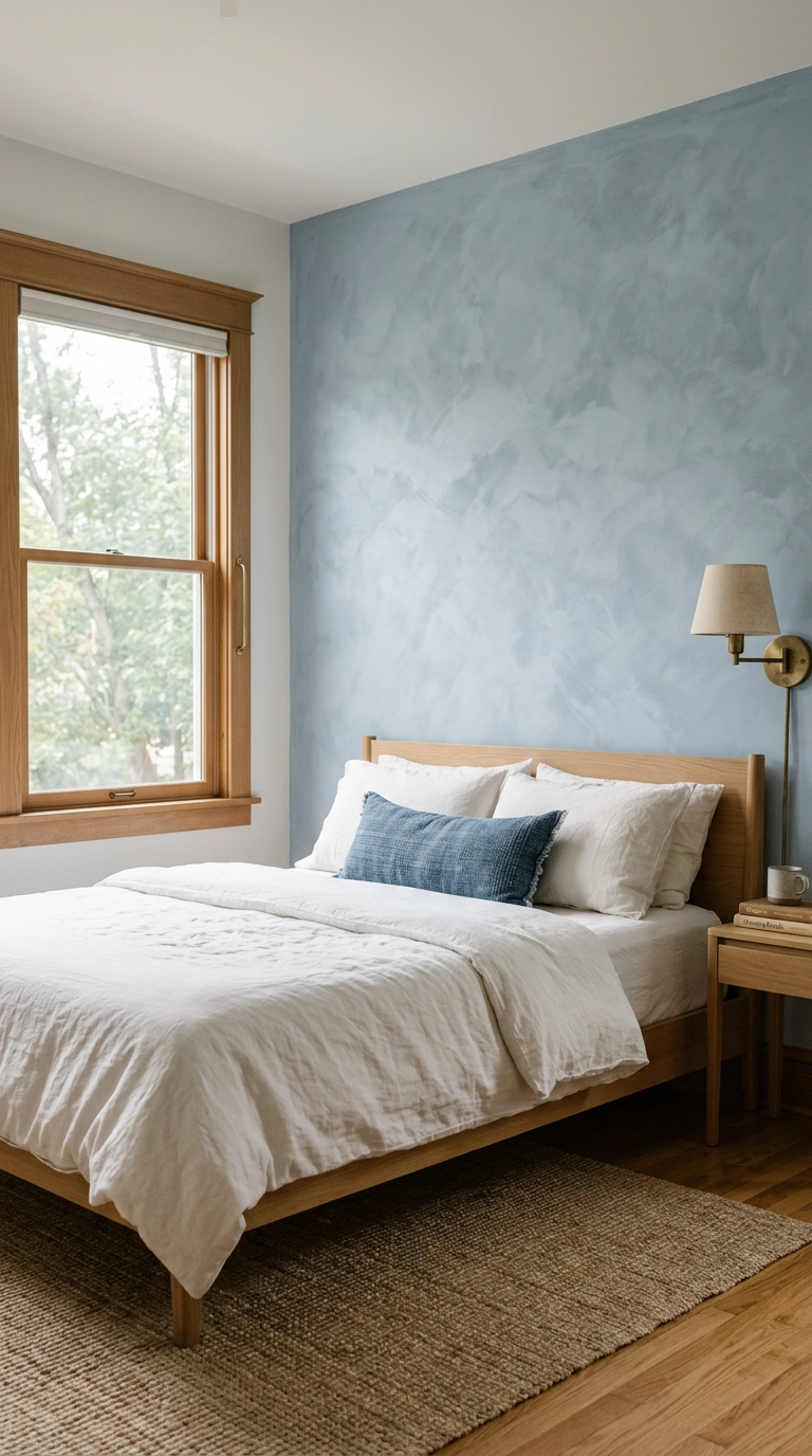 Pale dusty blue limewash accent wall behind an oak bed with white linen bedding