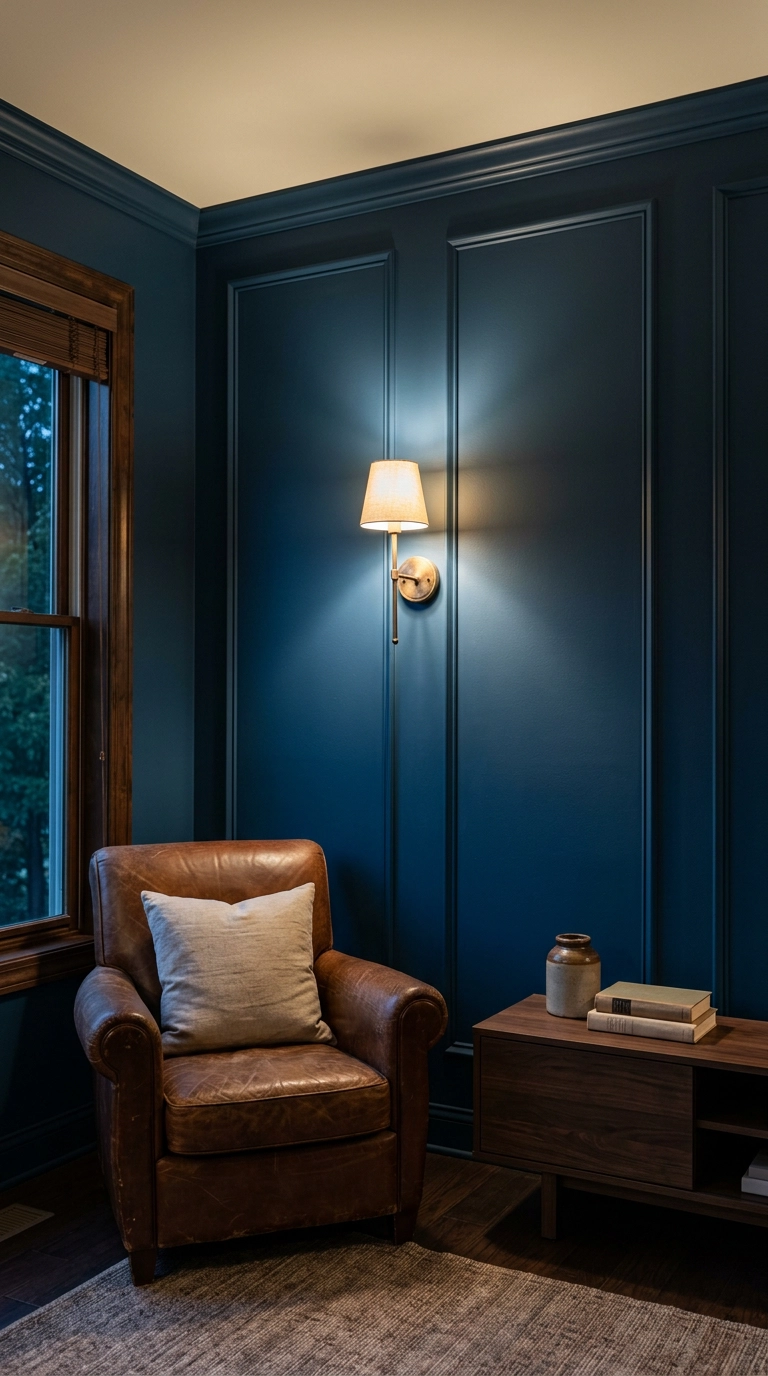 Prussian blue picture frame molding accent wall in a den with a walnut console and brass sconce