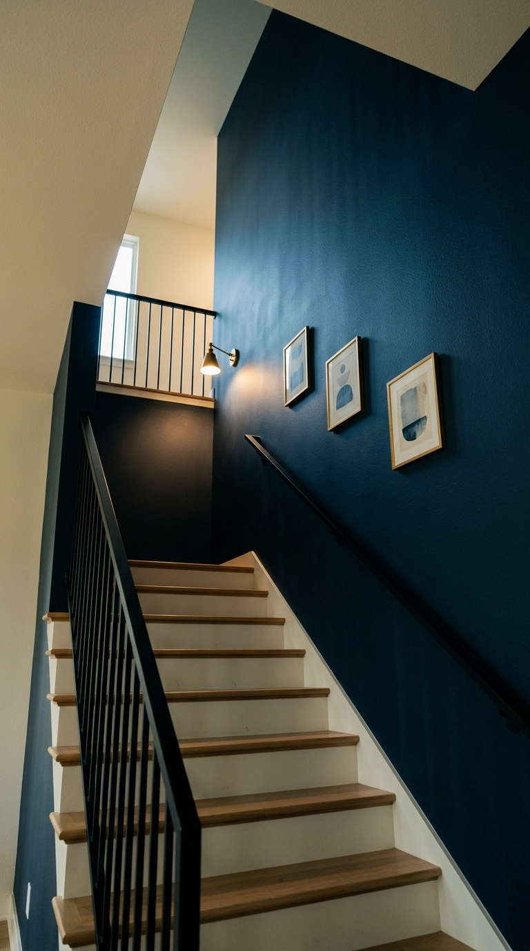 Inky near-black blue matte accent wall running up a stairwell with oak treads