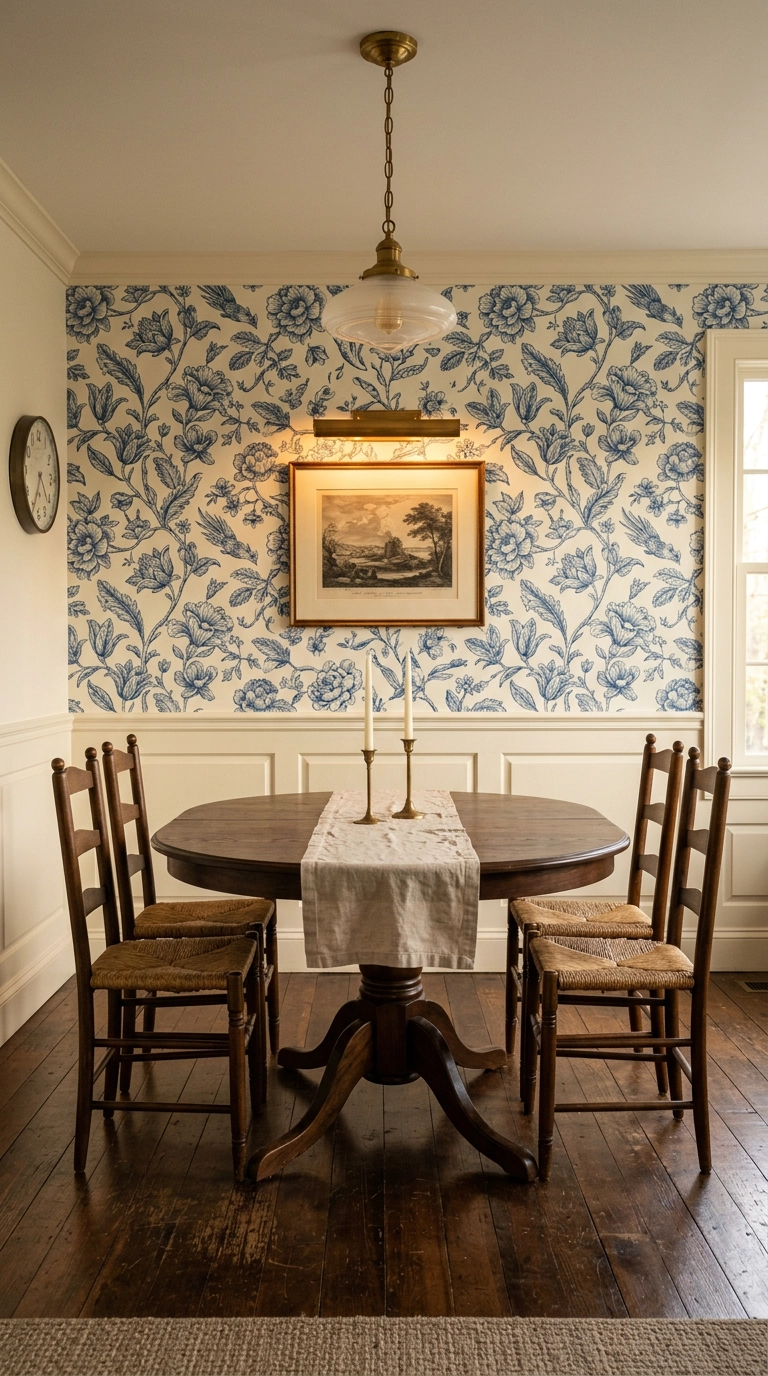 Blue and white botanical patterned wallpaper accent wall in a colonial dining room