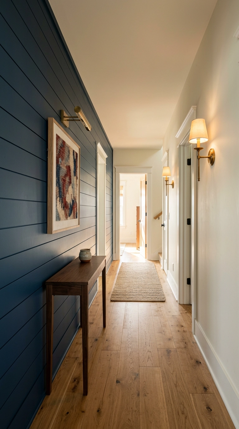 Midnight blue horizontal shiplap accent wall running down a narrow hallway