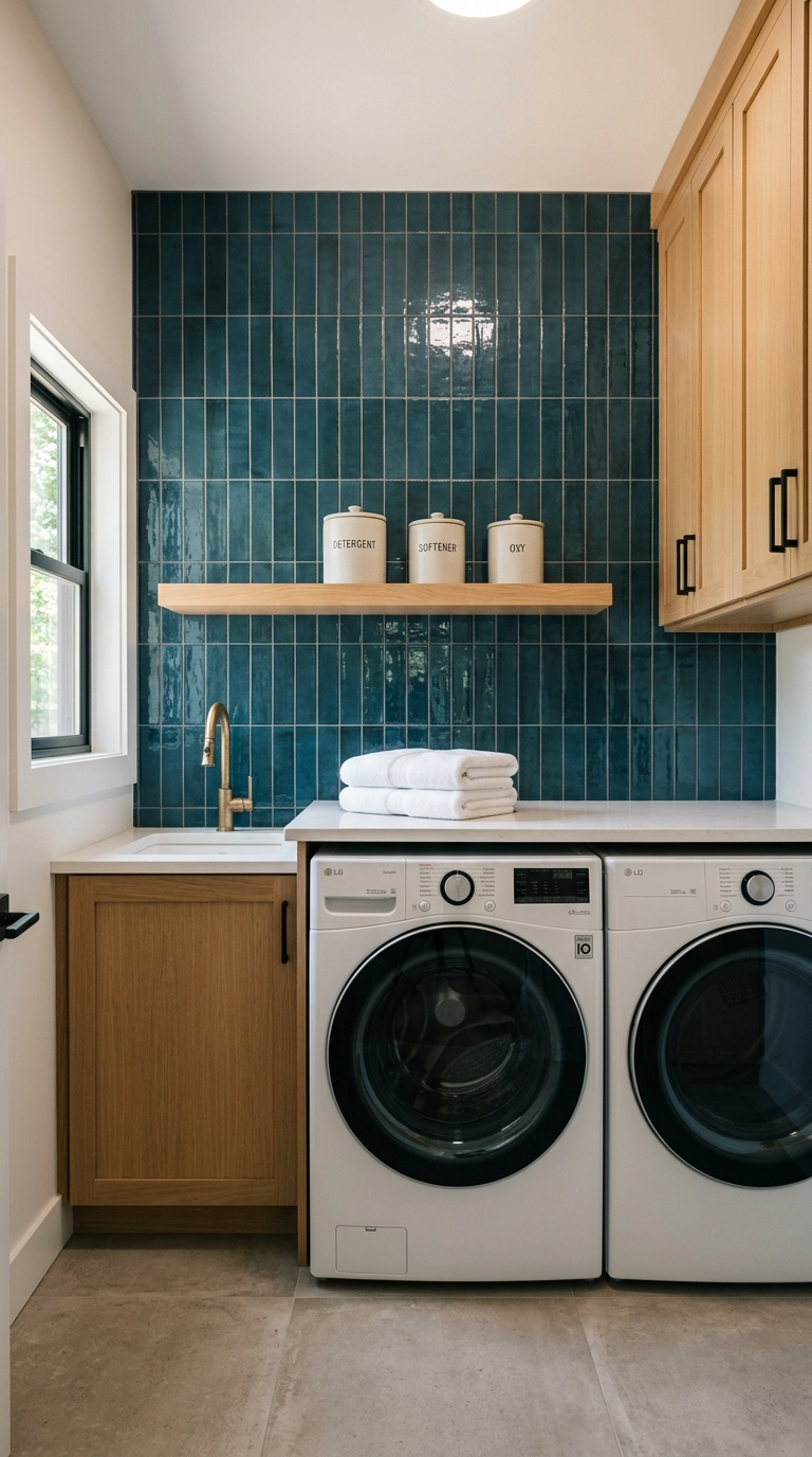 Petrol blue glossy tile accent wall laid vertically in a small laundry room
