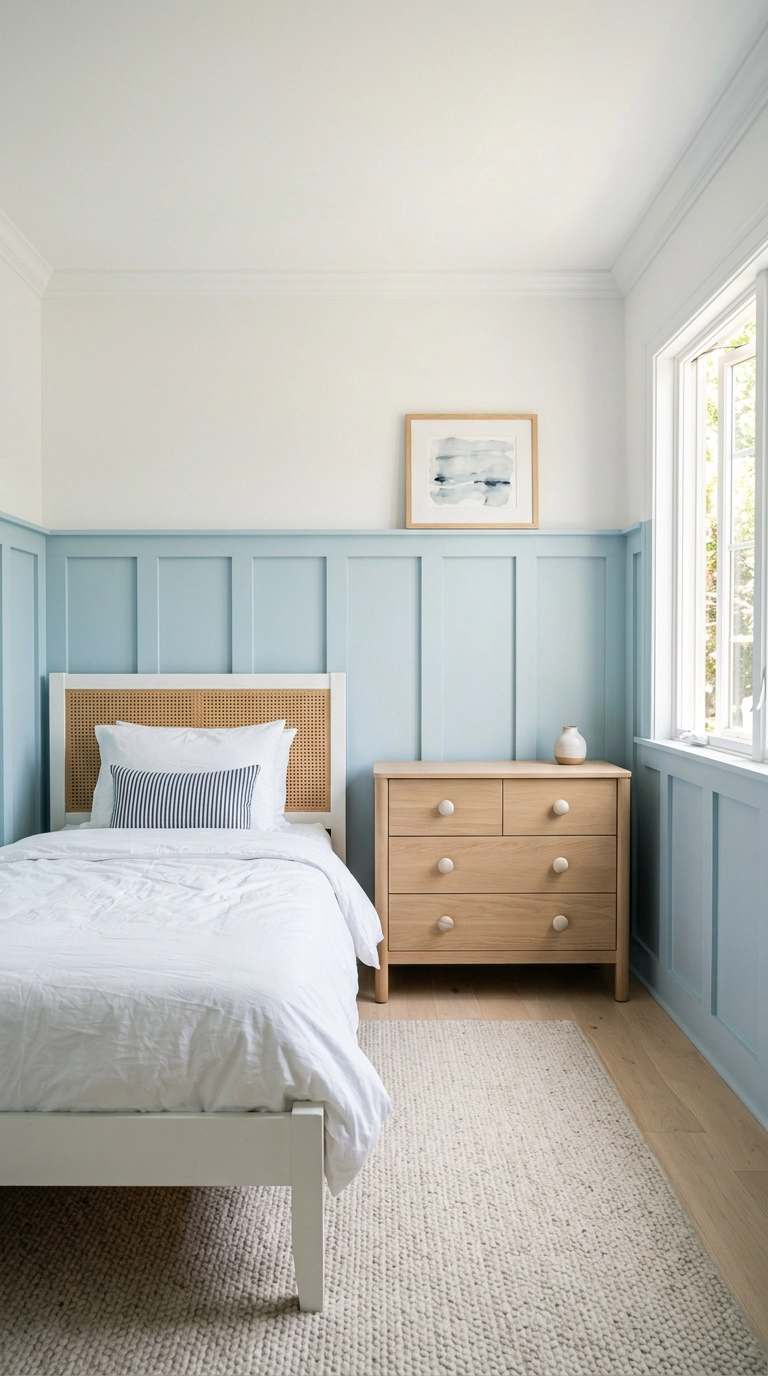 Powder blue board and batten accent wall in a child's bedroom with rattan twin bed