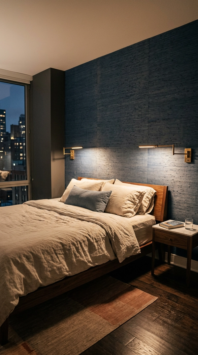Indigo blue grasscloth wallpaper accent wall behind a walnut bed with brass sconces