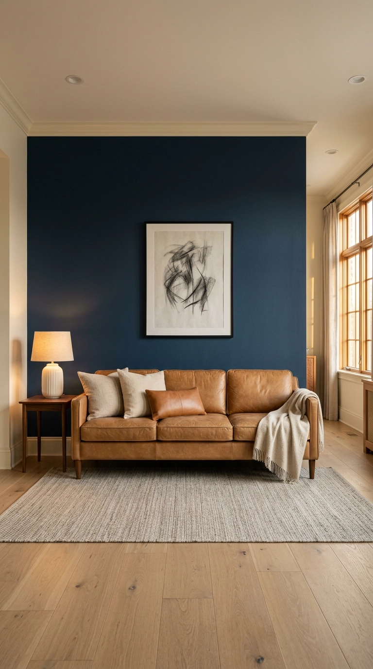 Deep navy matte blue accent wall behind a camel leather sofa in a warm living room