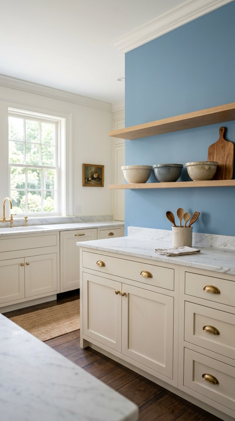 French blue accent wall in a bright kitchen with white cabinets and open oak shelving