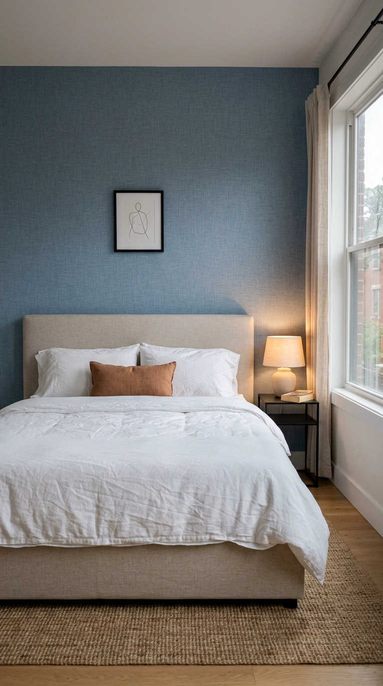 Chambray blue textured peel-and-stick wallpaper accent wall in a rental bedroom