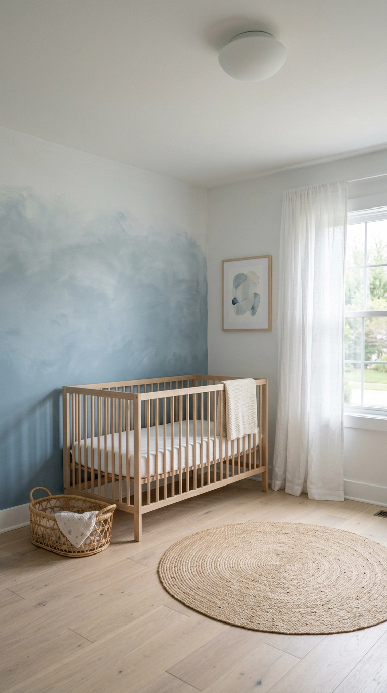 Dusty blue ombre colorwash accent wall in a nursery with a white oak crib