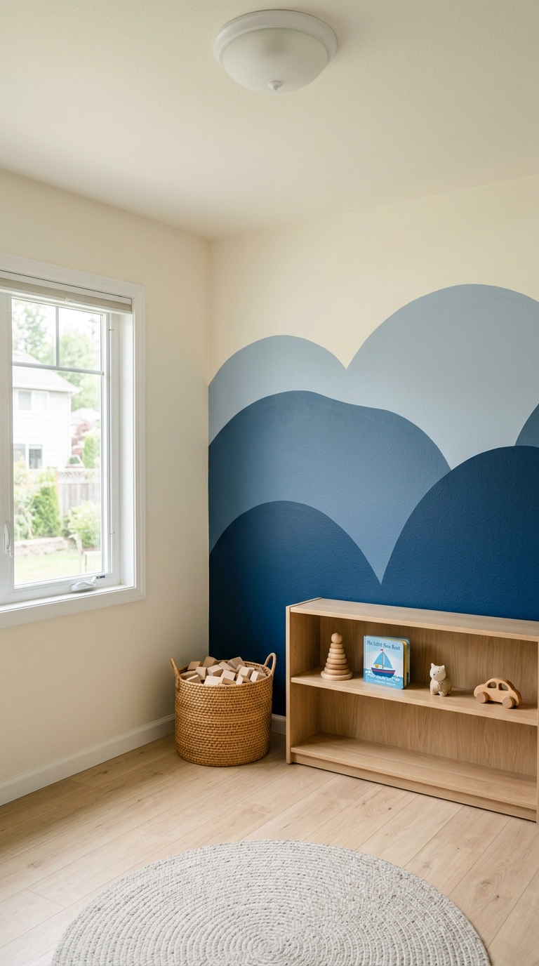 Hand-painted three-tone blue hill mural accent wall in a playroom with a low oak bookshelf