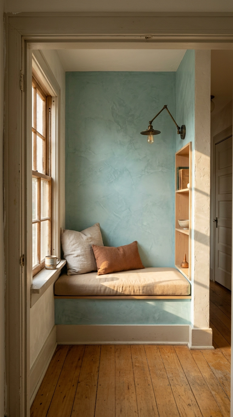 Sea-glass aqua polished plaster accent wall in a bungalow reading nook with a window seat