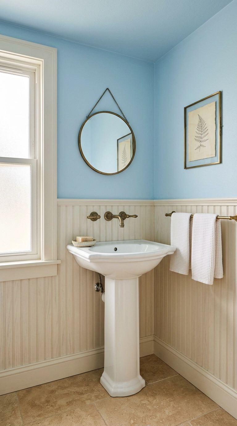 Sky blue upper wall and ceiling above white beadboard in a small bathroom