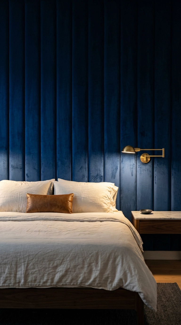 Cobalt blue velvet upholstered panel accent wall behind a guest bed with a brass sconce