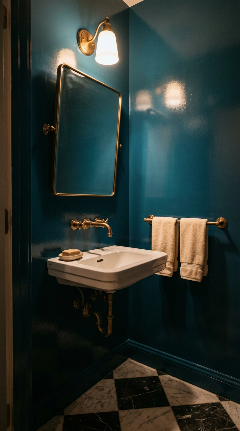 High-gloss teal blue lacquered accent wall in a small powder room with brass fixtures