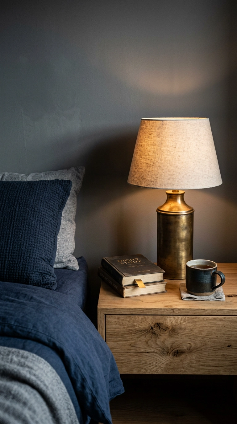 Oak nightstand with a brass lamp beside navy bedding against a grey wall