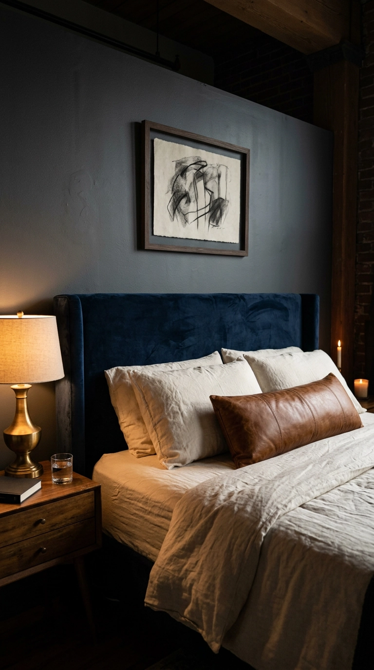 Charcoal grey walls with a navy velvet headboard and caramel leather pillow at night