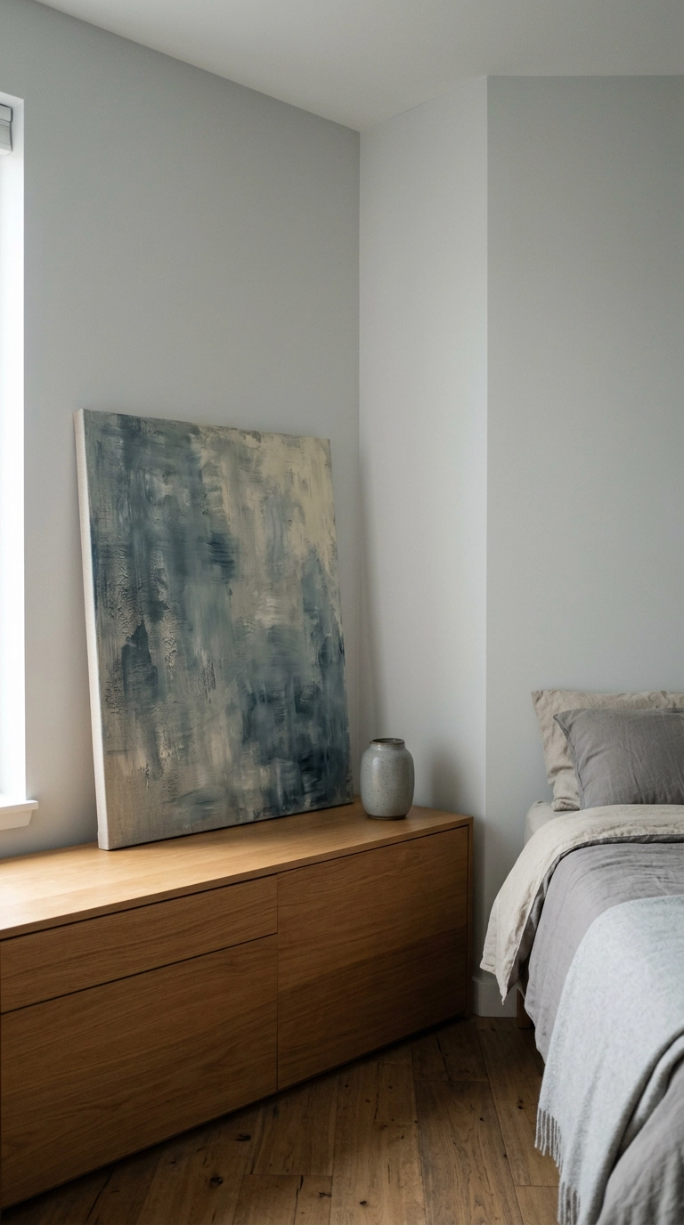 Large abstract blue and grey canvas leaning on an oak dresser against a grey wall
