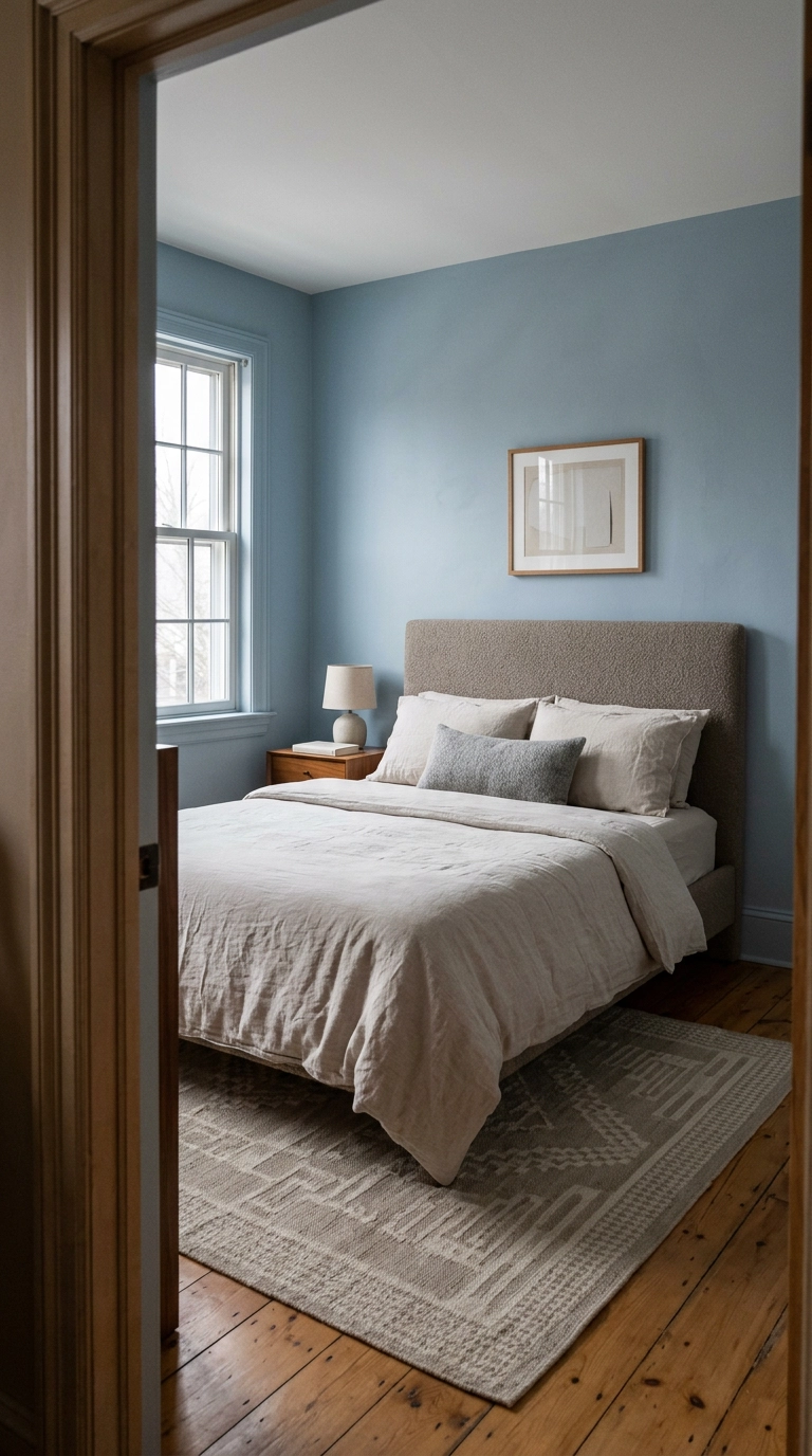Dusty blue walls with a warm greige headboard and walnut side table in a small bedroom
