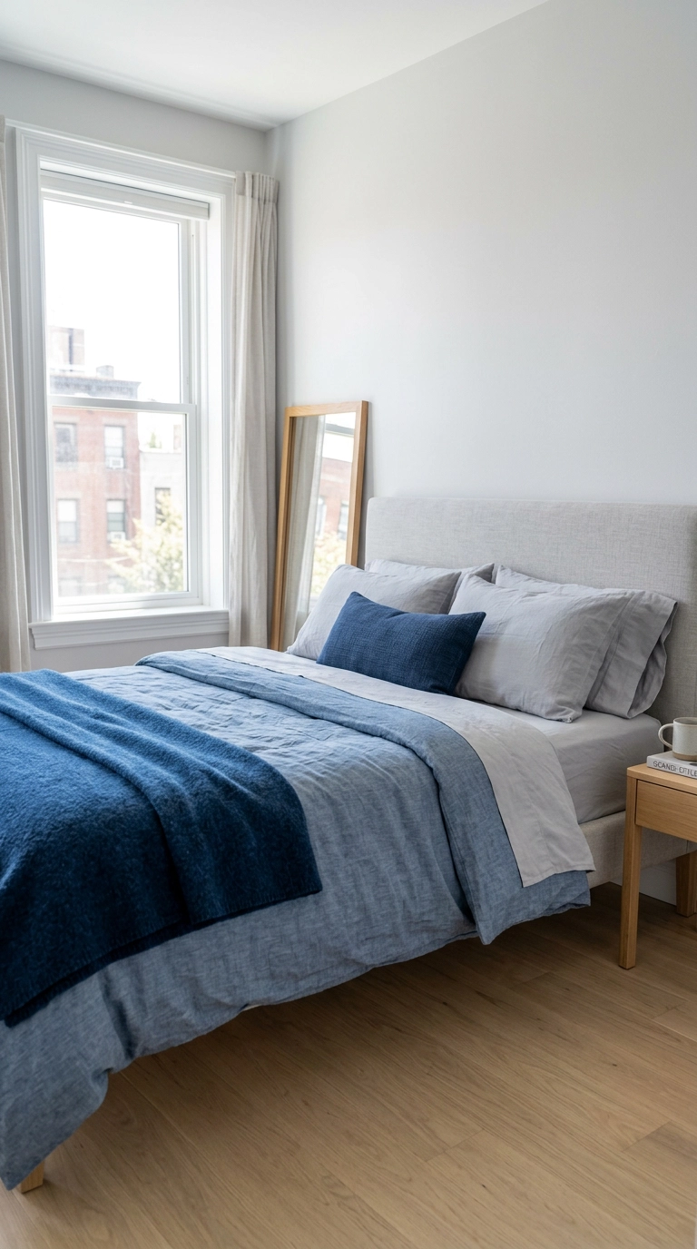 Bed layered in pale grey, chambray blue, and deep indigo showing varied value range