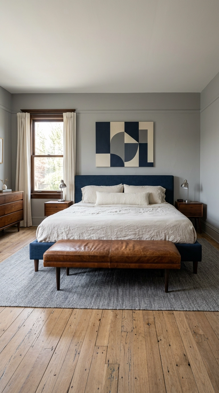Cognac leather bench at the foot of a navy bed in a pewter grey bedroom